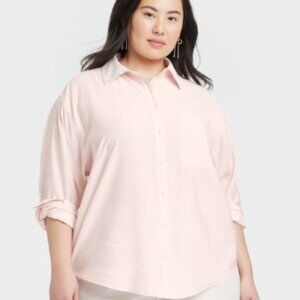 A New Day Long Sleeve Crinkle Button-Down Shirt Light Pink XXL